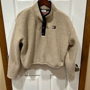 Tommy Jeans Cropped 1/4 Button Pullover Large Y2K Streetwear Adjustable Waist